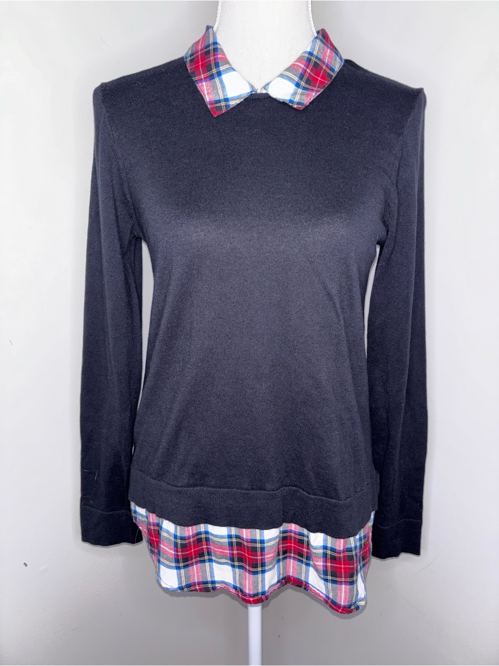 J. Crew plaid collar faux layered black sweater long sleeve size Small